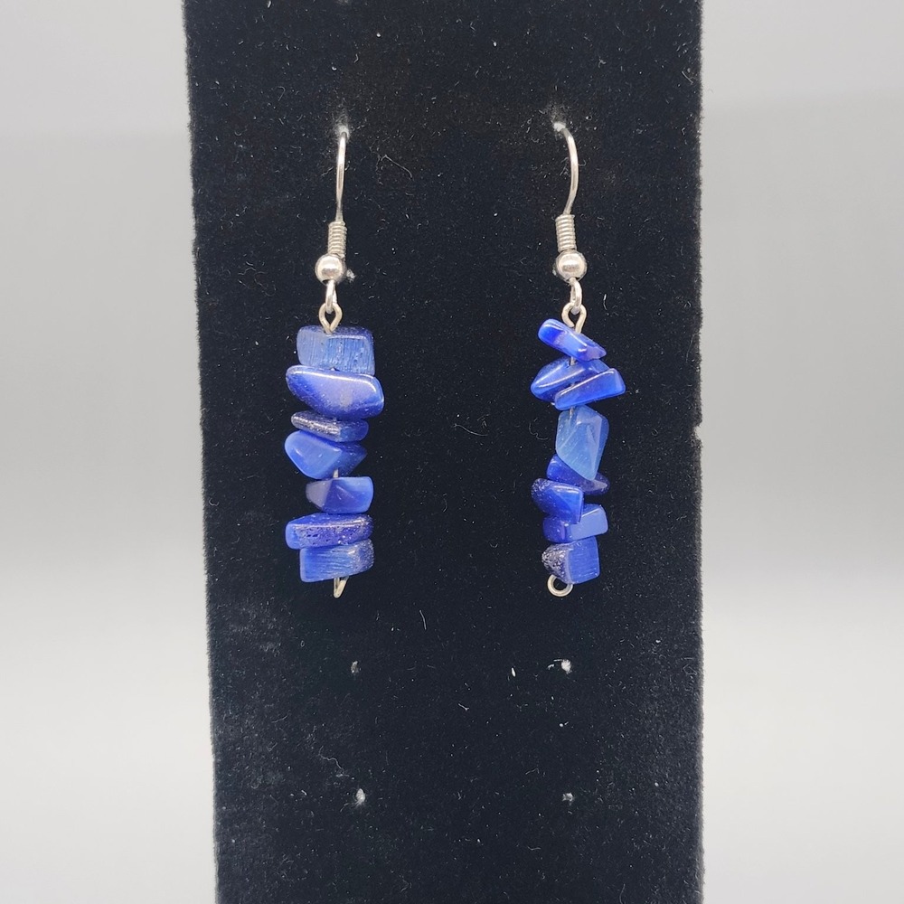Natural Blue Stone Chip Dangle Earrings Silver Tone Hook ~1.75" Drop